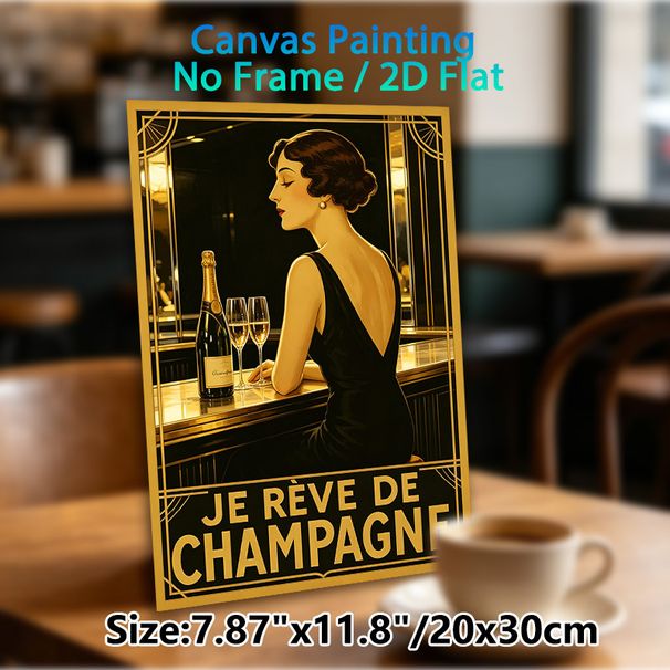 Champagne & Elegant Lady Painting Poster, Vintage Art Deco Style Luxurious Golden-toned Scene Poster, Stylish Retro Decor For Home Bar, Dining Room_maomaolike.com