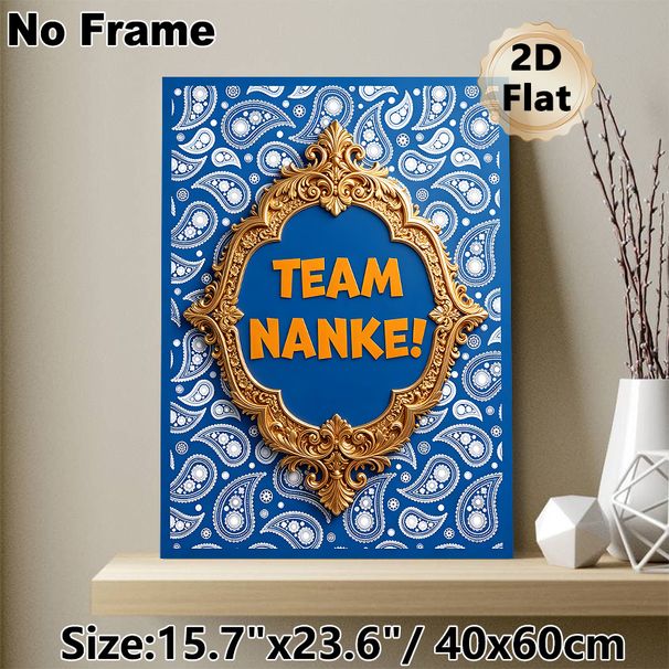 Team Nanke Themed Painting Poster, Luxury Golden Ornate Framed Blue Paisley Patterned Poster, Vibrant Typography Design Ideal For Office & Team_maomaolike.com