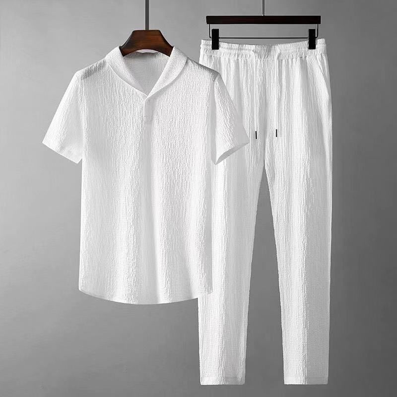 Men's Clothing White Casual Sports Suit For Men In Summer With Lapel, Fashionable, Light Luxury, Pleated Two-piece Suit, Thin And Handsome, Trendy_maomaolike.com