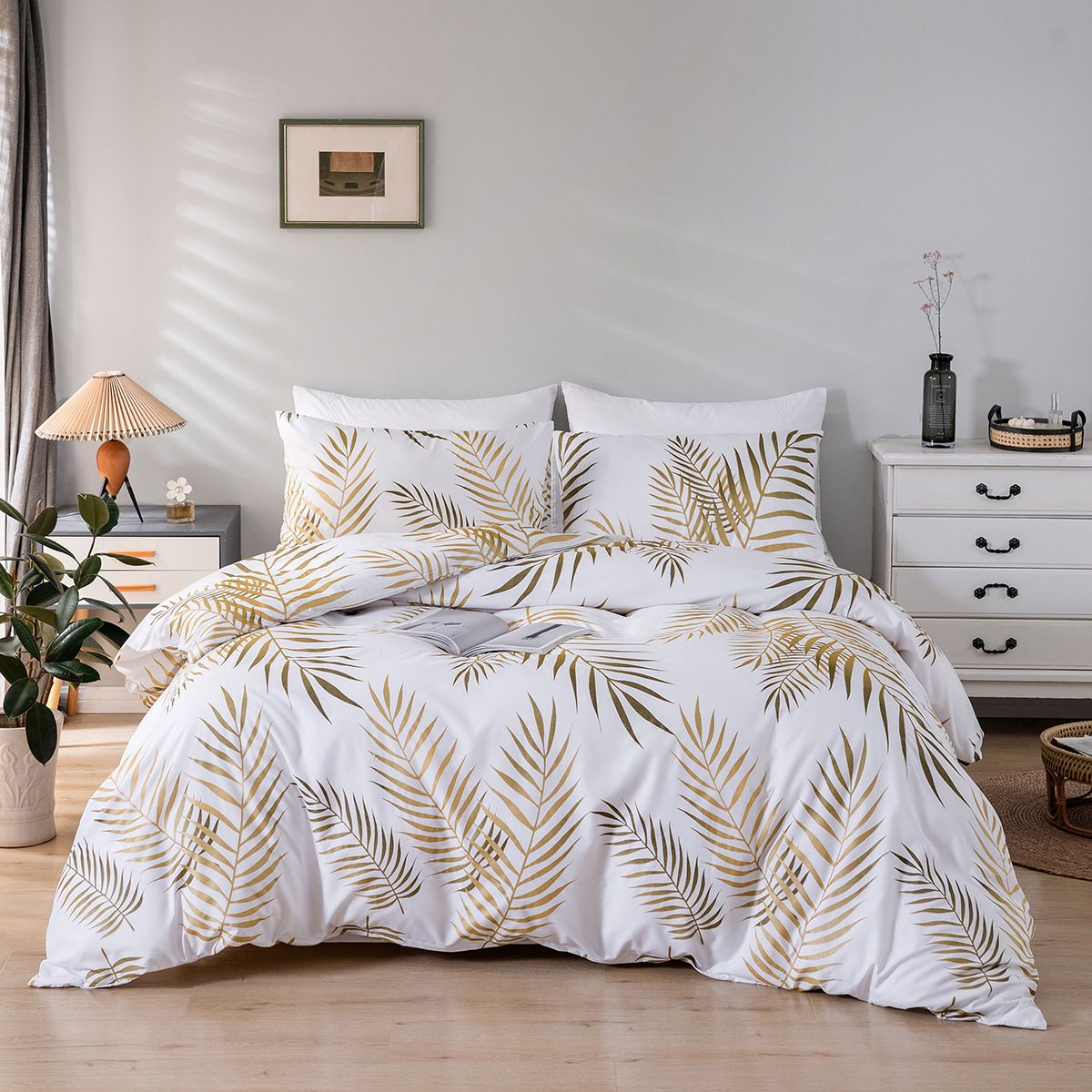 Plant Floral & Golden Leaf Pattern Duvet Cover Set - Nordic Style, Active Printing, Soft Fleece & Twill Fabric_maomaolike.com