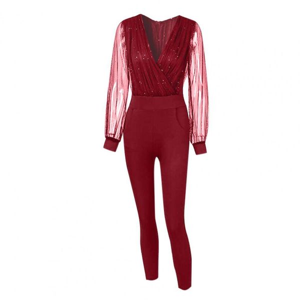 new solid color V neck mesh slim long sleeved jumpsuit trousers large stock_maomaolike.com