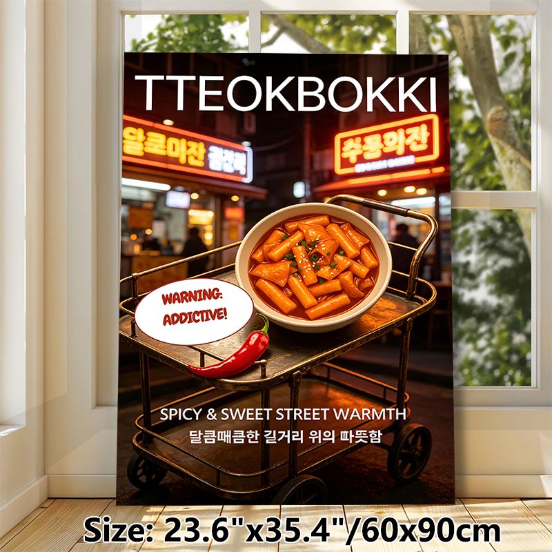 Tteokbokki Themed Painting Poster, Vibrant Neon-lit Korean Street Food Scene Poster, Appetizing Spicy-sweet Design, Ideal For Restaurants And Kitchen_maomaolike.com