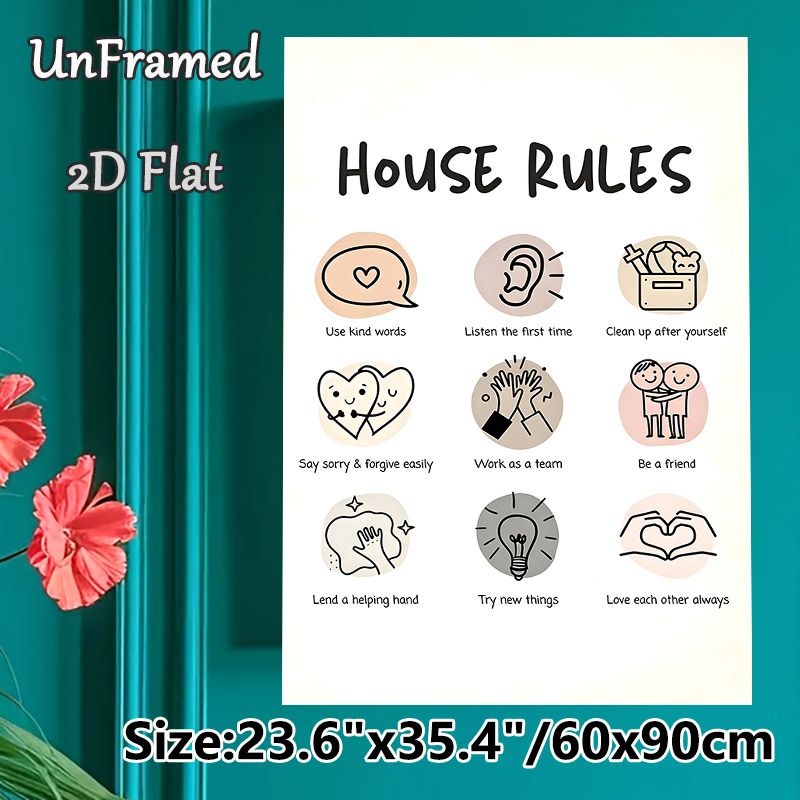 House Rules Painting Poster, Soft-toned Cute Hand-drawn Style Poster, Warm Family Behavioral Guidelines Decor Ideal For Home Living Spaces_maomaolike.com