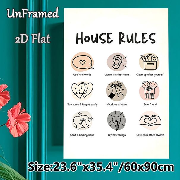 House Rules Painting Poster, Soft-toned Cute Hand-drawn Style Poster, Warm Family Behavioral Guidelines Decor Ideal For Home Living Spaces_maomaolike.com