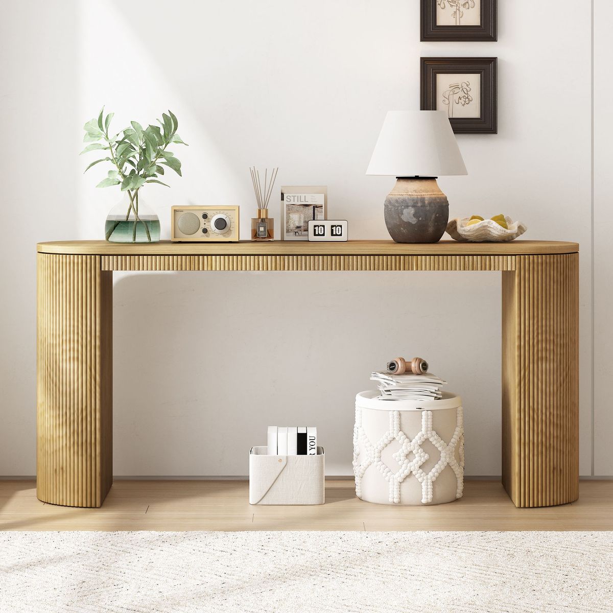 Curved Design Console Table With Unique Vertical Stripe Design ,Suitable For Living Room,Study And Entrance_maomaolike.com