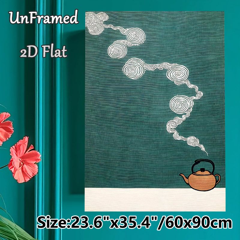 Tea Kettle With Swirling Smoke Painting Poster, Minimalist Line Art Style Poster, Calming Artistic Design Ideal For Tea Room, Kitchen And Living Room_maomaolike.com