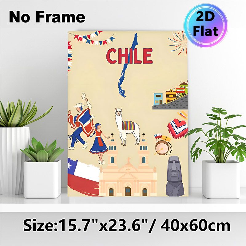 Chile Themed Painting Poster, Vibrant Cartoon Style Chilean Cultural Elements Poster, Showcases Folk Dancers, Iconic Landmarks & National Symbols_maomaolike.com