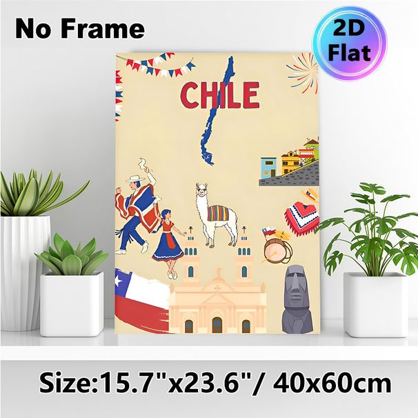 Chile Themed Painting Poster, Vibrant Cartoon Style Chilean Cultural Elements Poster, Showcases Folk Dancers, Iconic Landmarks & National Symbols_maomaolike.com