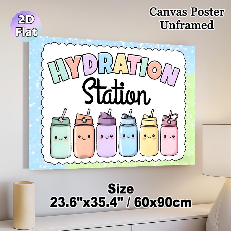 Hydration Station Painting Poster, Pastel-colored Cute Cartoon Water Bottles Poster, Gentle Reminder To Stay Hydrated, Ideal For Office, Break Room_maomaolike.com