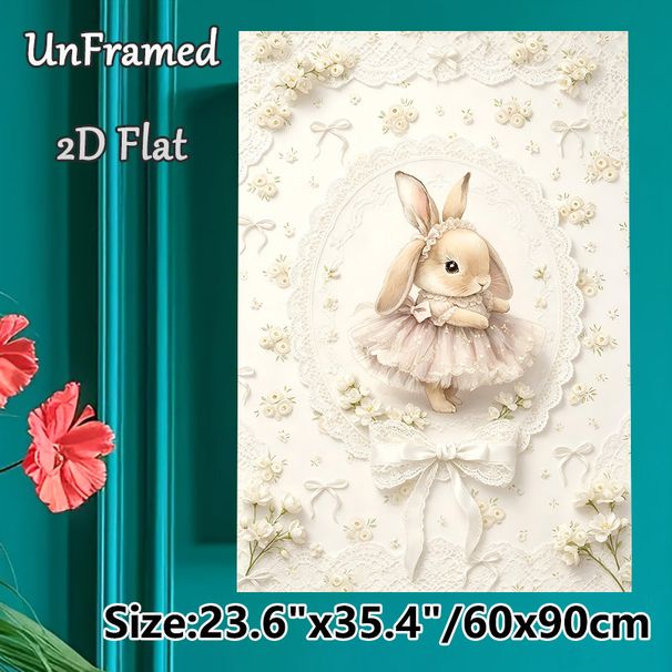 Ballerina Bunny Painting Poster, Delicate Watercolor Style Poster, Soft Elegant Bunny In Pastel Lace Dress With Floral Details, Ideal For Bedroom And_maomaolike.com