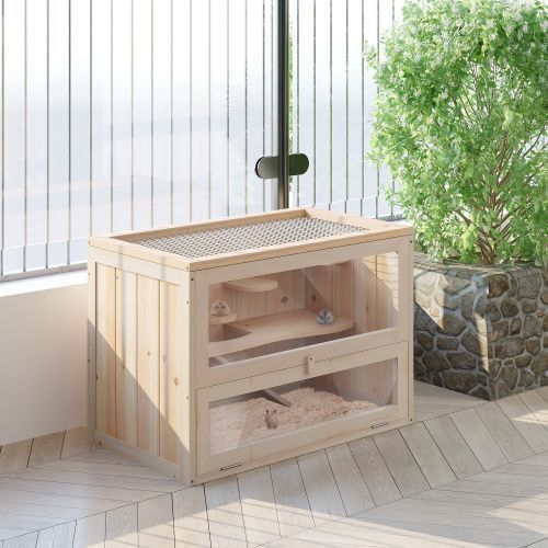 PawHut 2-Level Hamster Cage Mice And Rat House, Small Animal Habitat For Guinea Pigs, Chinchillas With Openable Top, Front Door, Shelf And Ladder_maomaolike.com