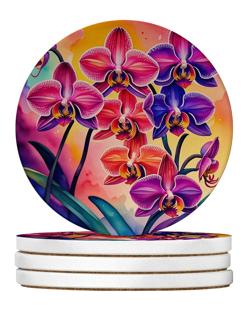 Colorful Orchids Large Sandstone Coasters Pack Of 4 Absorbent Round Coasters Decor Gifts For Men Or Women, 4 In, Multicolor_maomaolike.com
