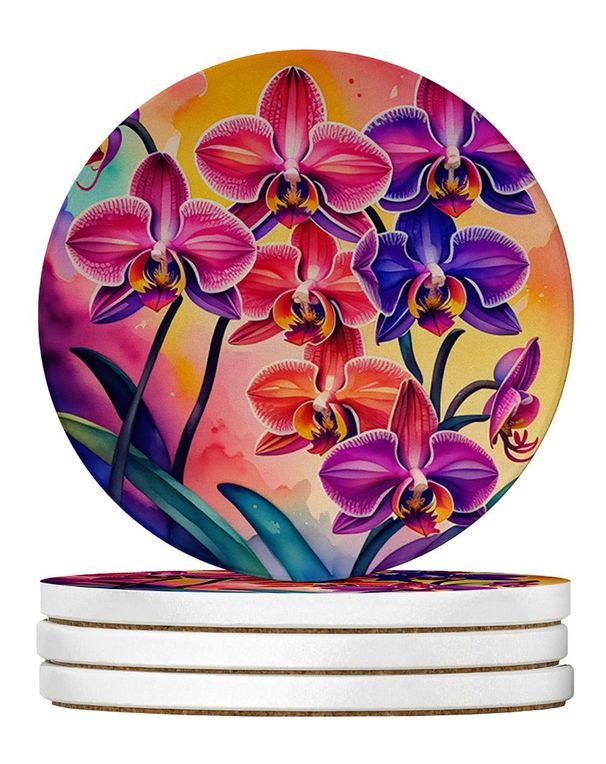 Colorful Orchids Large Sandstone Coasters Pack Of 4 Absorbent Round Coasters Decor Gifts For Men Or Women, 4 In, Multicolor_maomaolike.com