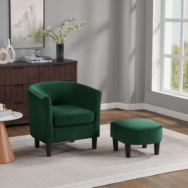 Velvet Accent Chair With Ottoman, Modern Barrel Chair Armchair For Living Room, Green_maomaolike.com