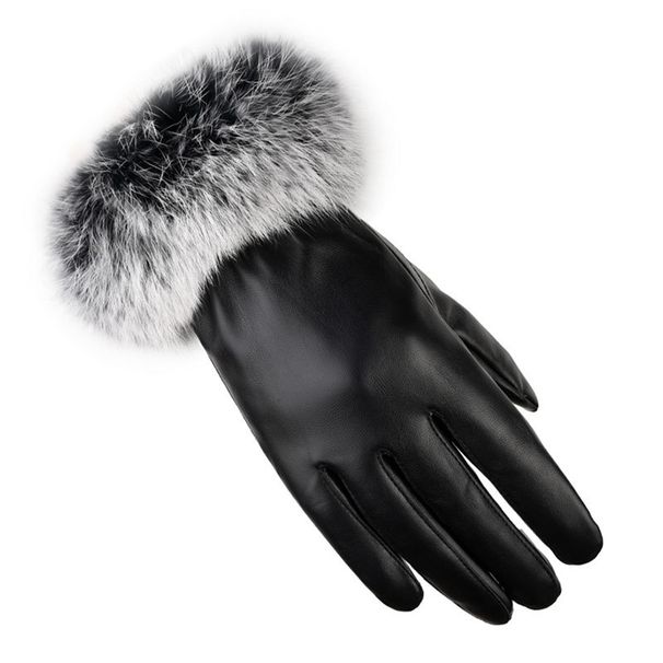 Women's warm gloves autumn and winter PU leather rabbit fur touch screen outdoor cycling plus velvet thickened winter gloves_maomaolike.com