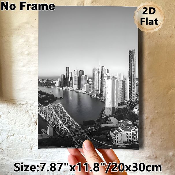 Urban Riverfront Skyline Painting Poster, Monochrome Minimalist Cityscape With Bridge & Skyscrapers Poster, Sleek Urban Wall Decor Suitable For Living_maomaolike.com
