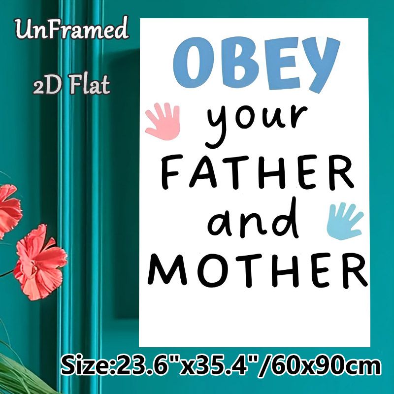 Family Respect Quote Painting Poster, Cute Hand-drawn Style With Pink & Blue Hand Prints Poster, Warm Reminder Of Honoring Parents, Suitable For Home_maomaolike.com