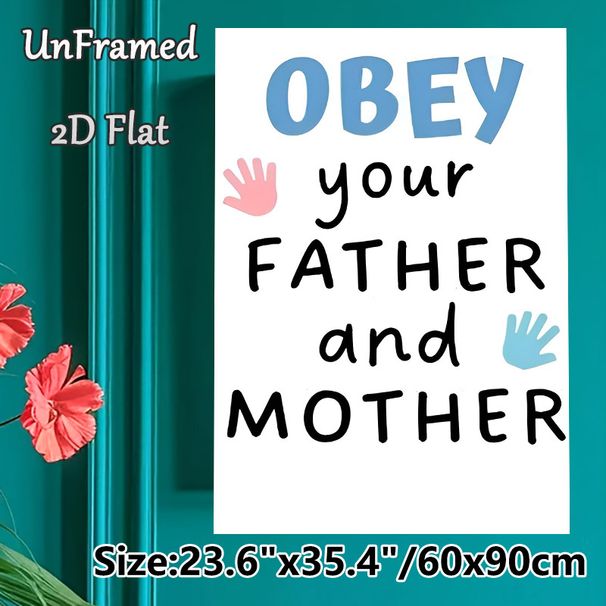 Family Respect Quote Painting Poster, Cute Hand-drawn Style With Pink & Blue Hand Prints Poster, Warm Reminder Of Honoring Parents, Suitable For Home_maomaolike.com