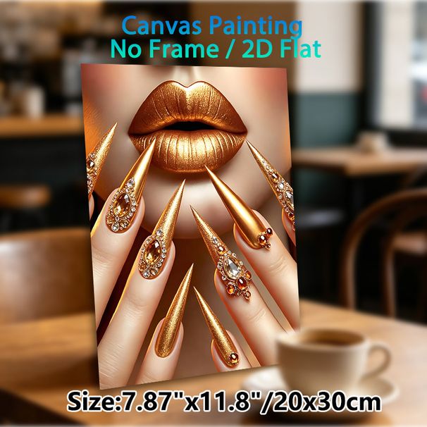 Golden Glam Lips & Stiletto Nails Painting Poster, Luxurious Shimmering Metallic Golden Design Poster, Eye-catching Glamorous Decor Ideal For Beauty_maomaolike.com
