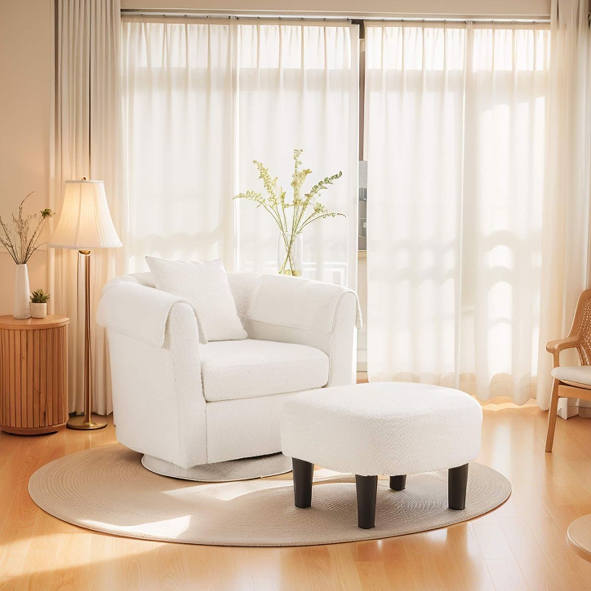 Swivel Accent Chair With Ottoman Set, Modern Chenille Barrel Armchair With Removable Back Pillow & 2 Armrest Covers For Living Room, Bedroom, Office, White_maomaolike.com