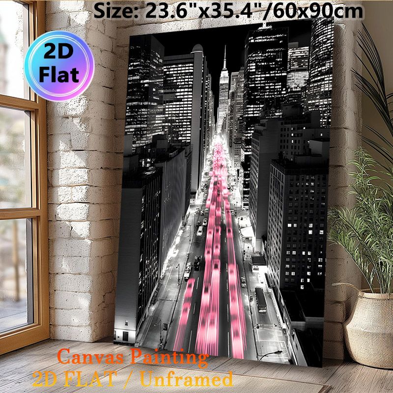 Urban Night Cityscape Painting Poster, Monochrome With Vivid Pink Light Trails Poster, Dynamic Downtown Night Scene With Skyscrapers, Brings Modern_maomaolike.com
