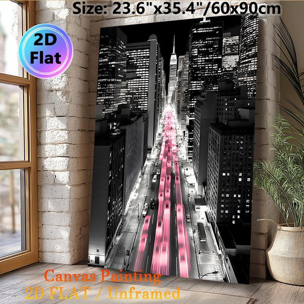 Urban Night Cityscape Painting Poster, Monochrome With Vivid Pink Light Trails Poster, Dynamic Downtown Night Scene With Skyscrapers, Brings Modern_maomaolike.com