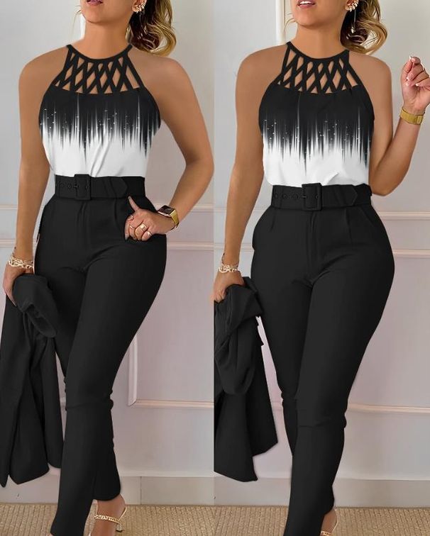 Women's Clothing autumn and summer temperament commuting print cross strap gradient top + solid color slim pants two piece set_maomaolike.com