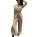 Women's clothing fashion solid color lace short long-sleeved top wide-leg pants two-piece set_maomaolike.com