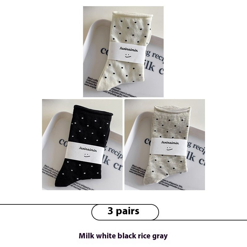 Fashionable Autumn And Winter Ins Trendy Cream Rolled Edge Polka Dot Pure Cotton Breathable Mid Tube Socks Artistic Socks_maomaolike.com
