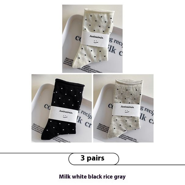 Fashionable Autumn And Winter Ins Trendy Cream Rolled Edge Polka Dot Pure Cotton Breathable Mid Tube Socks Artistic Socks_maomaolike.com