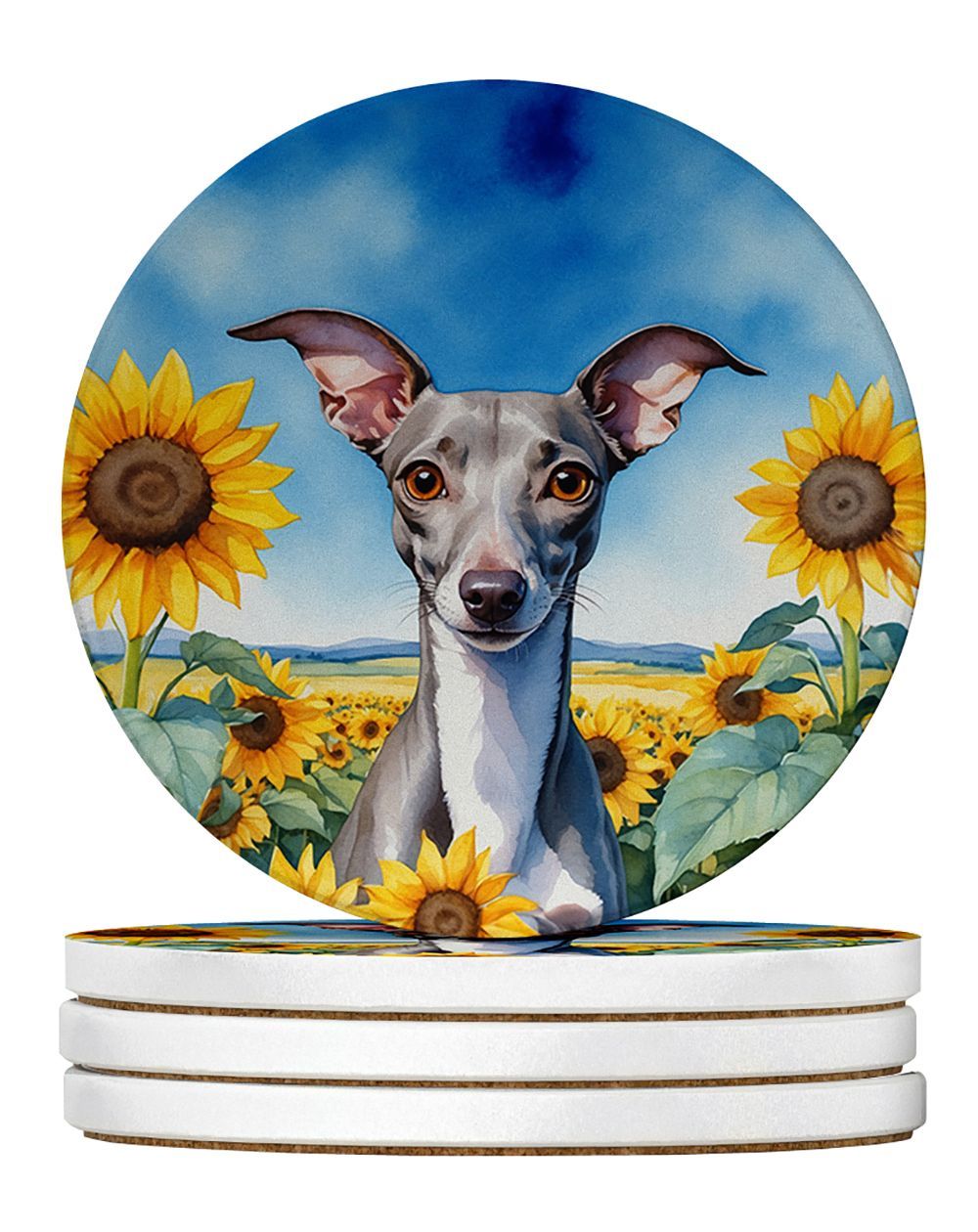 Italian Greyhound In Sunflowers Large Sandstone Coasters Pack Of 4 Absorbent Round Coasters Decor Gifts For Men Or Women, 4 In, Multicolor_maomaolike.com