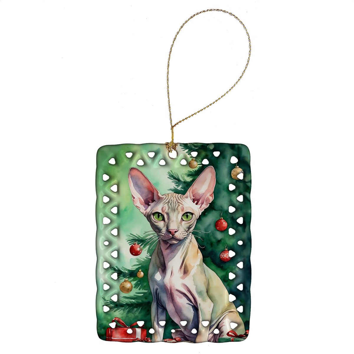 Peterbald Cat By The Christmas Tree Porcelain Ornament Christmas Tree Hanging Decorations For Home Christmas Holiday, Rectangle, Gift, Multicolor_maomaolike.com