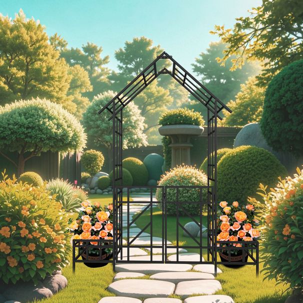 Metal Garden Arch With Gate With Planter W80.71*H97.24 Climbing Plants Support Rose Arch Outdoor Black_maomaolike.com