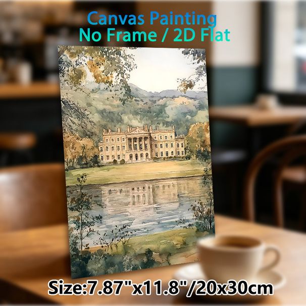 Mansion Waterscape Painting Poster, Soft Watercolor Style Poster, Elegant Lakeside Manor With Rolling Hills & Lake Reflection, Tranquil Scenic Artwork_maomaolike.com