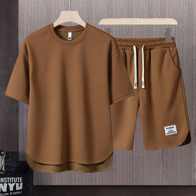 Men's Clothing Summer fashion brand new short sleeved T suit men's loose large size shorts set advanced handsome waffle two piece suit_maomaolike.com