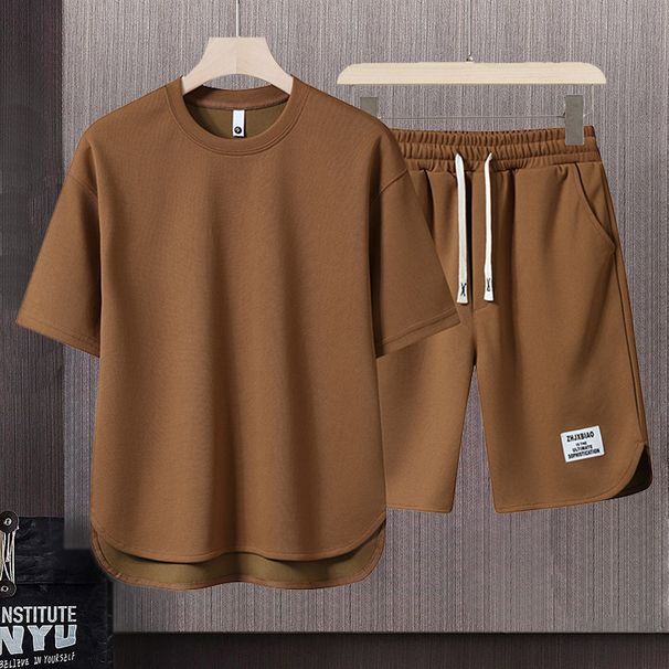 Men's Clothing Summer fashion brand new short sleeved T suit men's loose large size shorts set advanced handsome waffle two piece suit_maomaolike.com