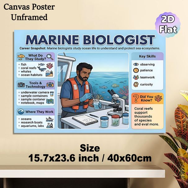 Marine Biologist Educational Painting Poster, Informative Graphic Career Guide Poster, Offers Marine Science Career Insights Suitable For Classroom_maomaolike.com