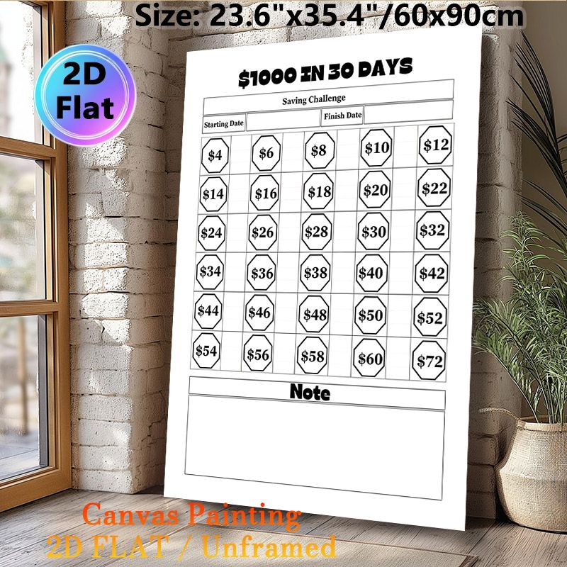 $1000 In 30 Days Saving Challenge Painting Poster, Minimalist Black-and-White Poster, Practical Saving Tracker To Monitor Progress, Suitable For Home_maomaolike.com
