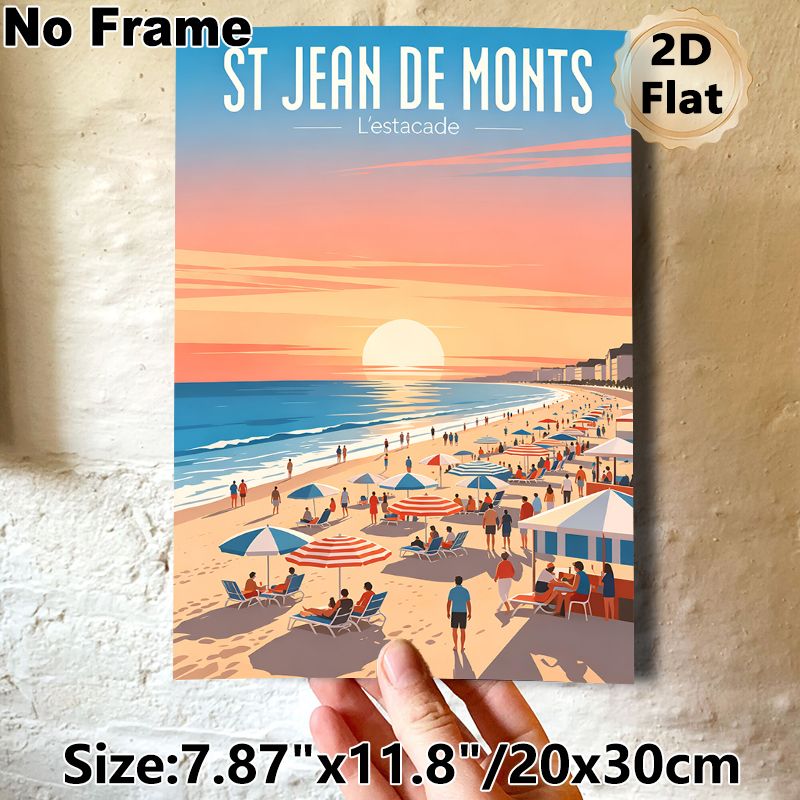 St Jean De Monts Beach Sunset Painting Poster, Vibrant Retro-style Bustling Beach Scene Poster, Evokes Warm Coastal Leisure Mood, Ideal For Home And_maomaolike.com