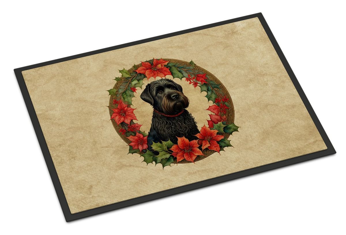 Black Russian Terrier Christmas Flowers Doormat Front Door Mat Indoor Outdoor Rugs For Entryway, Non Slip Washable Low Pile, 24H X 36W_maomaolike.com