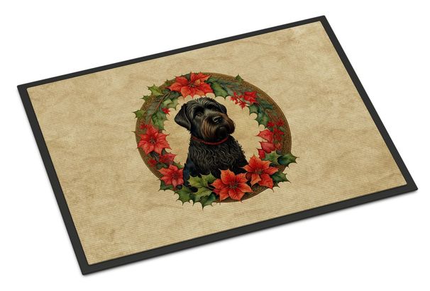 Black Russian Terrier Christmas Flowers Doormat Front Door Mat Indoor Outdoor Rugs For Entryway, Non Slip Washable Low Pile, 24H X 36W_maomaolike.com