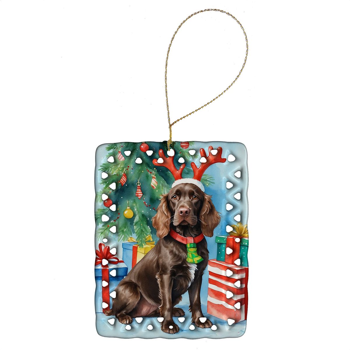 Boykin Spaniel Christmas Reindeer Porcelain Ornament Christmas Tree Hanging Decorations For Home Christmas Holiday, Rectangle, Gift, Multicolor_maomaolike.com