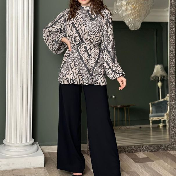 Women's clothing fashion pleated temperament puff sleeve shirt high waist wide leg pants suit_maomaolike.com