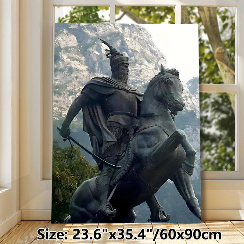 Ancient Warrior On Horseback Painting Poster, Vintage-toned Realistic Bronze Statue Style Poster, Historical Warrior Design Brings Classic Vibe For_maomaolike.com