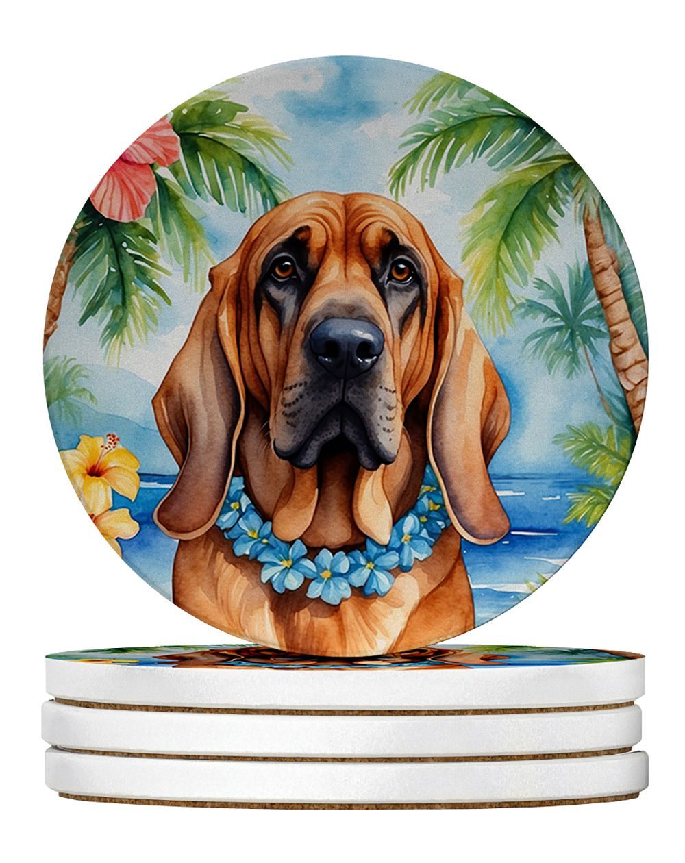 Bloodhound Luau Large Sandstone Coasters Pack Of 4 Absorbent Round Coasters Decor Gifts For Men Or Women, 4 In, Multicolor_maomaolike.com
