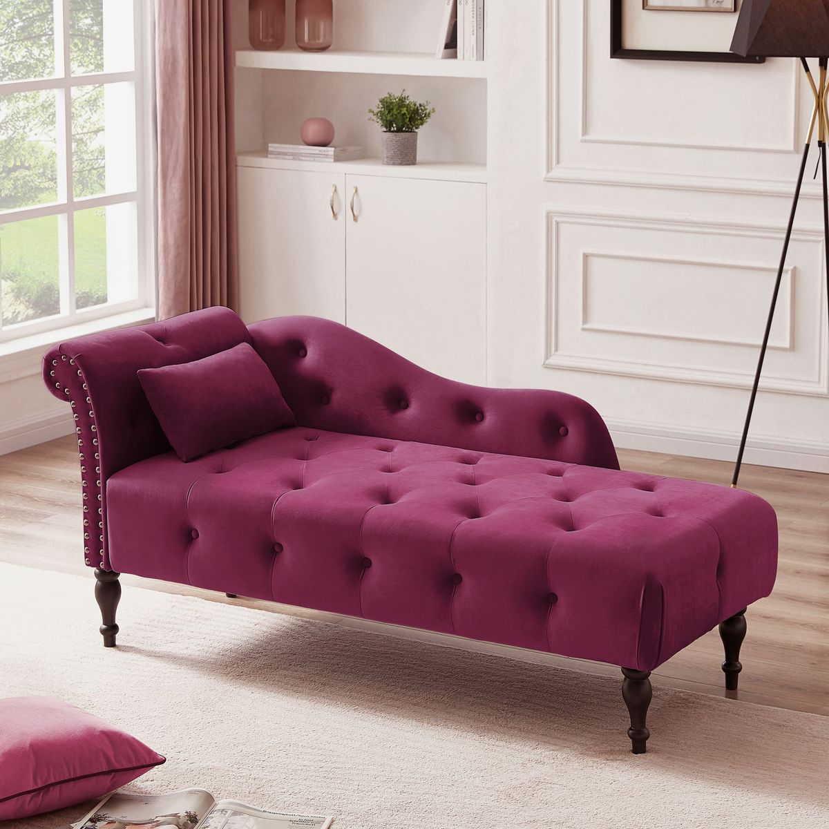 Aijia 60.6" Velvet Chaise Lounge Buttons Tufted Nailhead Trimmed Solid Wood Legs With 1 Pillow,Burgundy (Left Arm Design As Shown In The Picture)_maomaolike.com