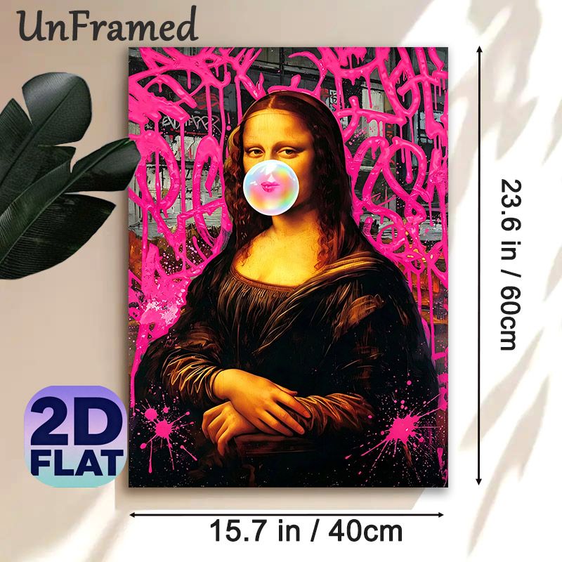 Mona Lisa Graffiti Style Painting Poster, Playful Bubble Gum-blowing Mona Lisa With Bold Pink Graffiti Splash Poster, Creative Artistic Decor Ideal_maomaolike.com