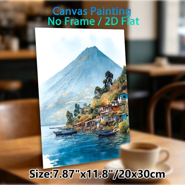 Lake Village Volcano Themed Painting Poster, Soft Watercolor Style Serene Lakeside Village & Volcano View Poster, Tranquil Natural Scenery Decor For_maomaolike.com
