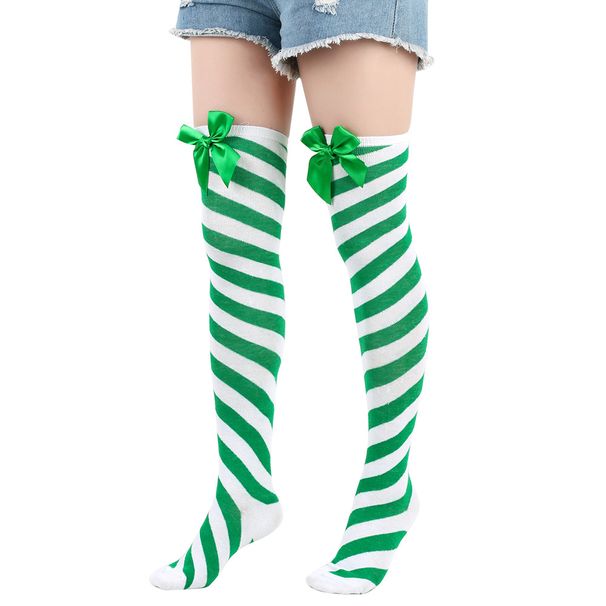Unisex Christmas bow Diagonal striped stockings party over-the-knee socks Candy stockings Festive Christmas socks_maomaolike.com