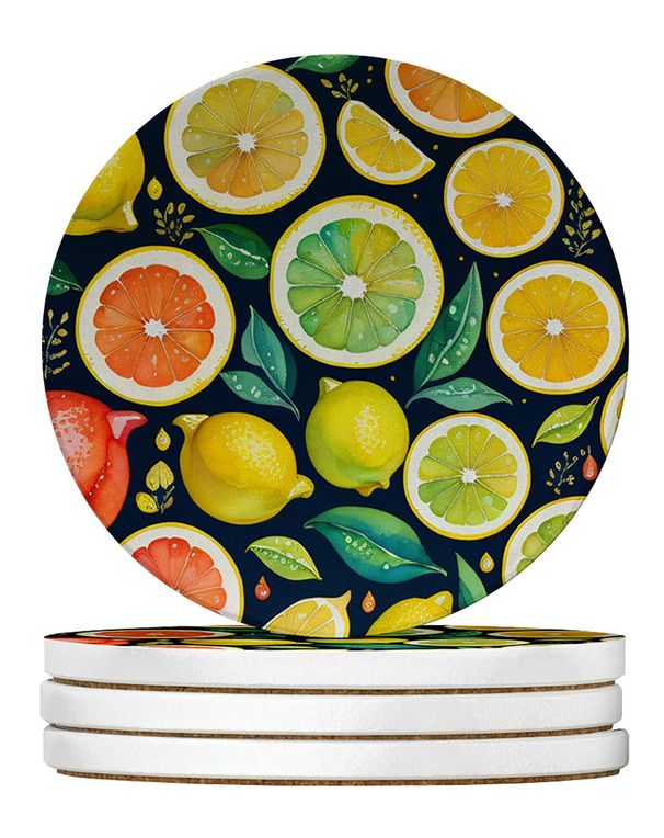 Colorful Lemons Large Sandstone Coasters Pack Of 4 Absorbent Round Coasters Decor Gifts For Men Or Women, 4 In, Multicolor_maomaolike.com